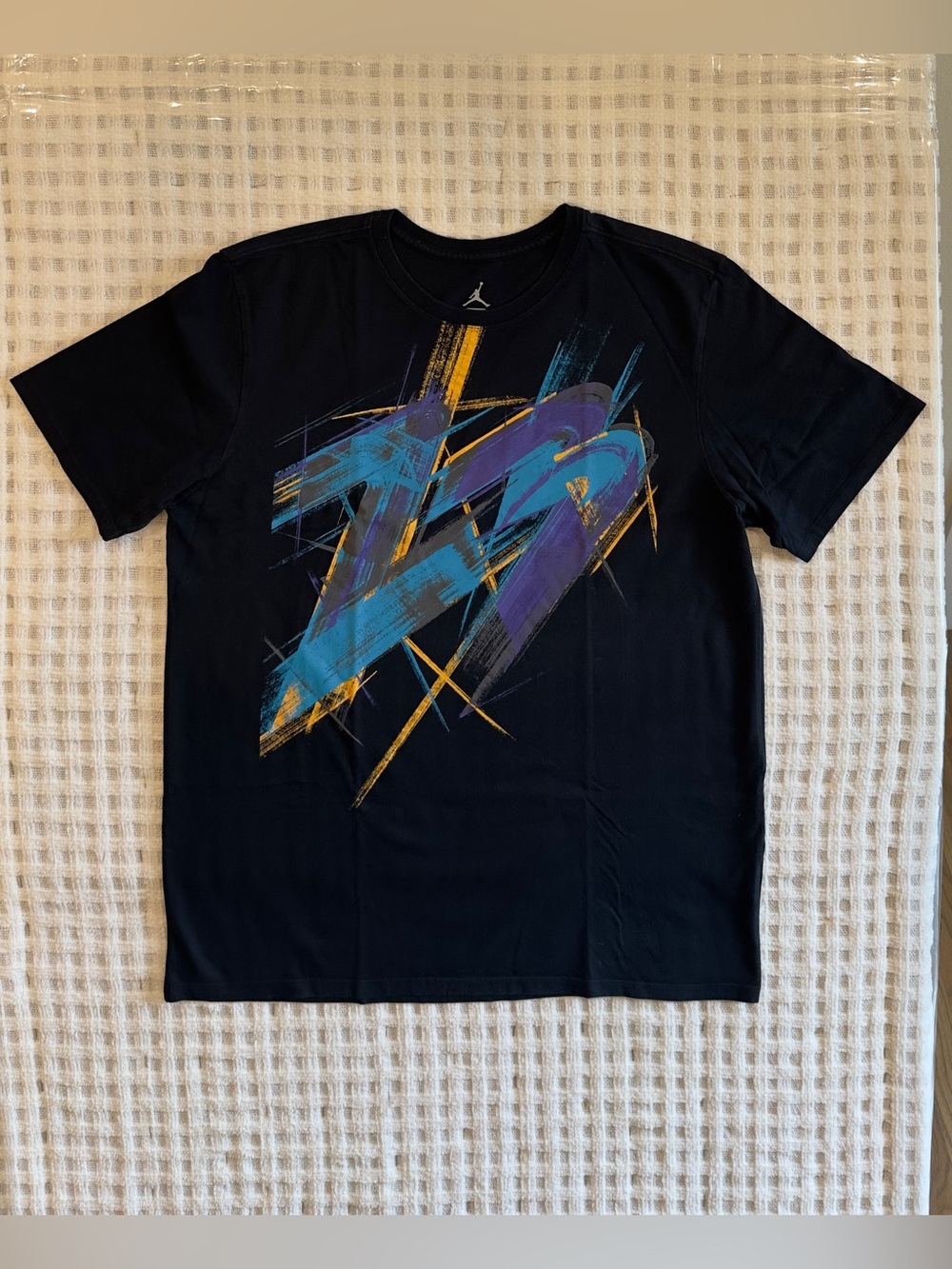 Jordan Black T-Shirt,Brushstroke purple, Graphic 29” Tall, 22 Wide, 9” Sleeve